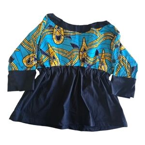 African Print Blouse Women L Blue Green 3/4 Sleeves Shoulder Buttons Flowy Artsy